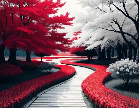 Surreal Red Landscape with Ethereal Bird in Flight