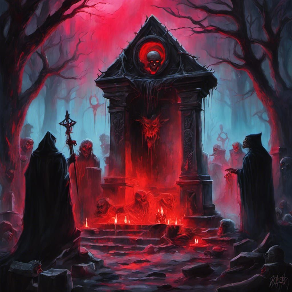 Dark Fantasy Gathering in a Grim Misty Graveyard