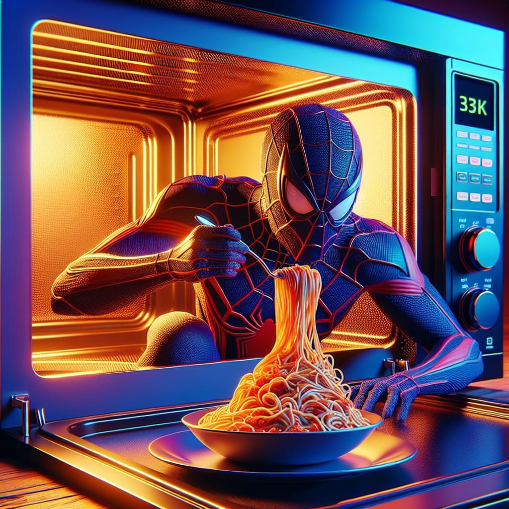 Web-Slinging Superhero Dines in a Microwave Scene in Matte P...