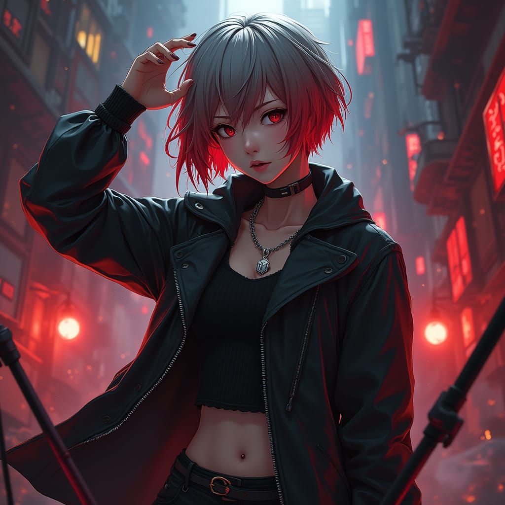 Dark, Edgy Guilty Gear-Inspired Anime Warrior with Red and G...