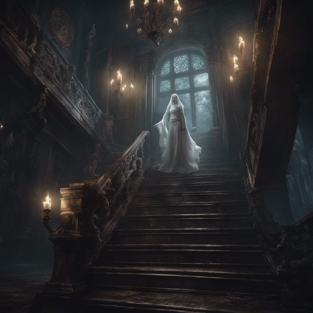 Surreal Dark Fantasy Ghost Descends Stairs in Deep Color
