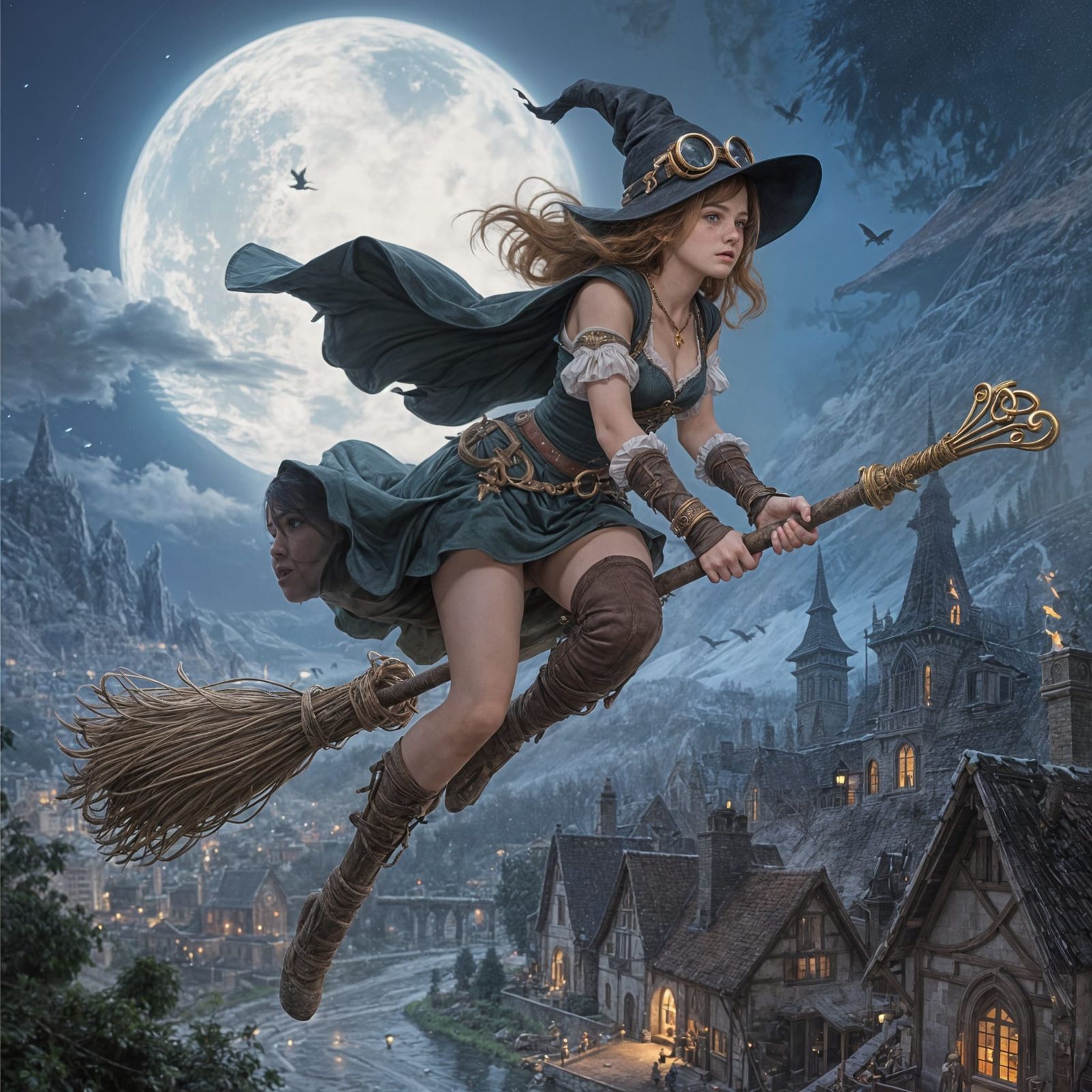 Witch Pilot Flying Broom Over Village in Moonlit Illustratio...