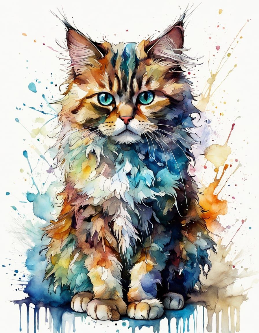 Colorful Alcohol Ink Drawing of Elegant Fluffy Cat