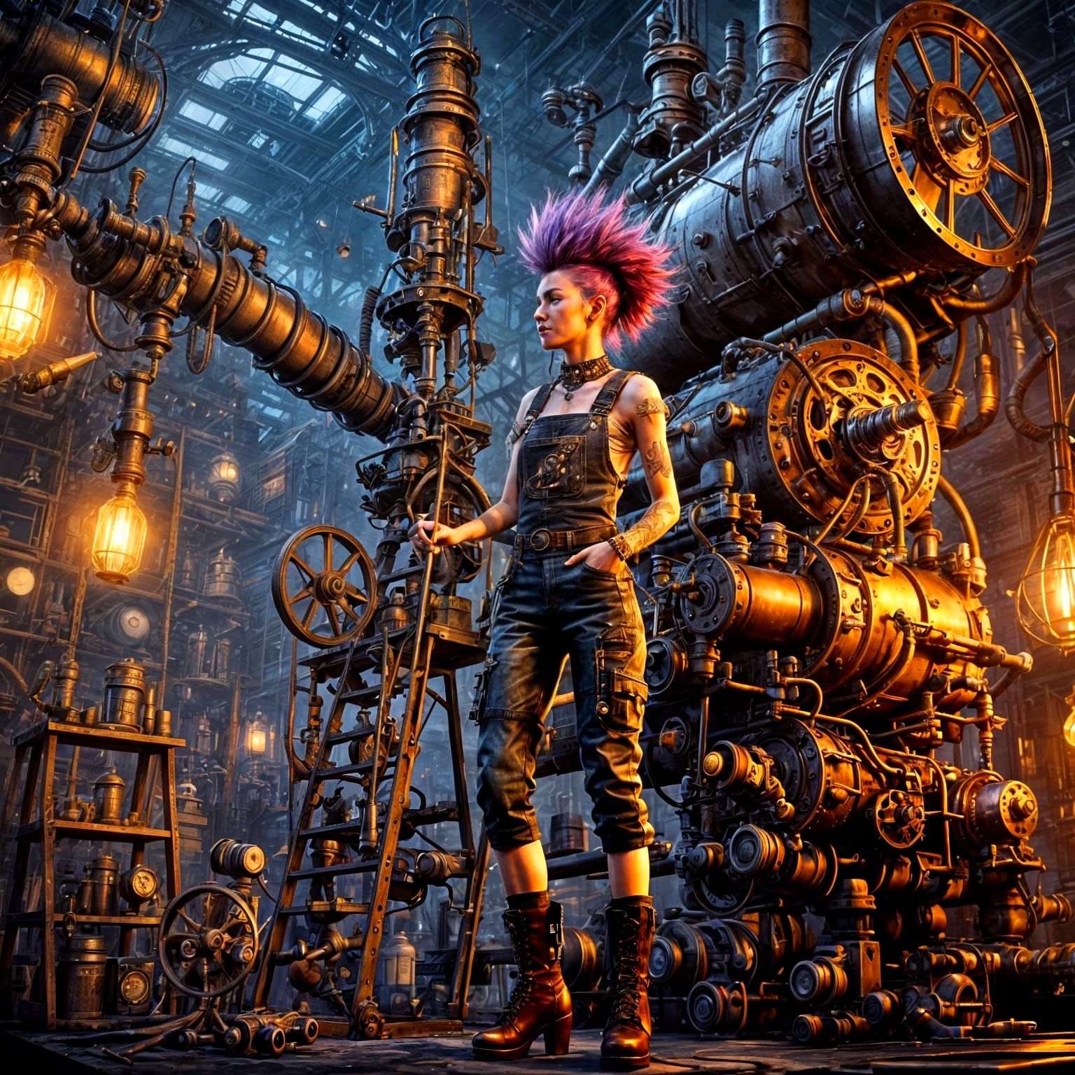 Steampunk Punker-Girl Tinkerer Amidst a Gearscape
