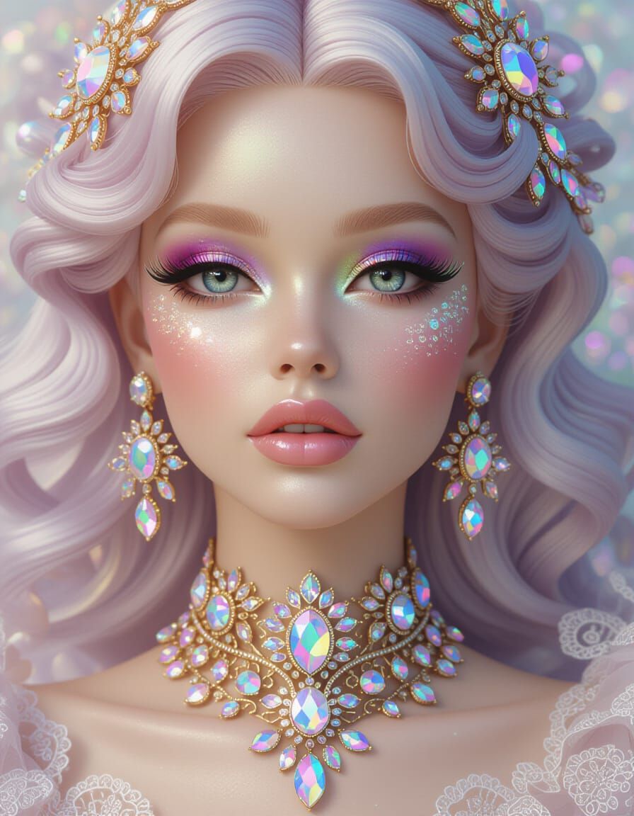 Radiant Synthetic Goddess: Psy-Baroque Dollcore Portrait