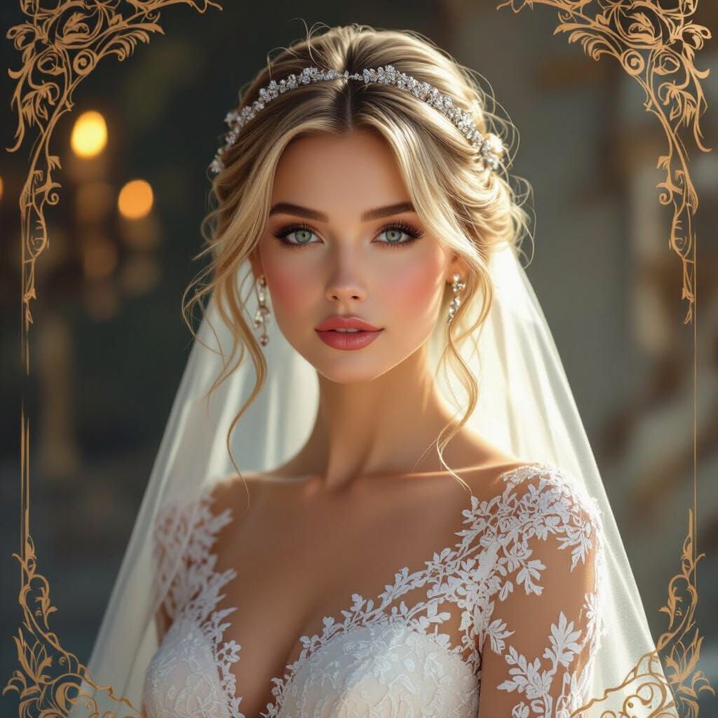 Elegant Blonde Woman in Lacy Wedding Dress Portrait