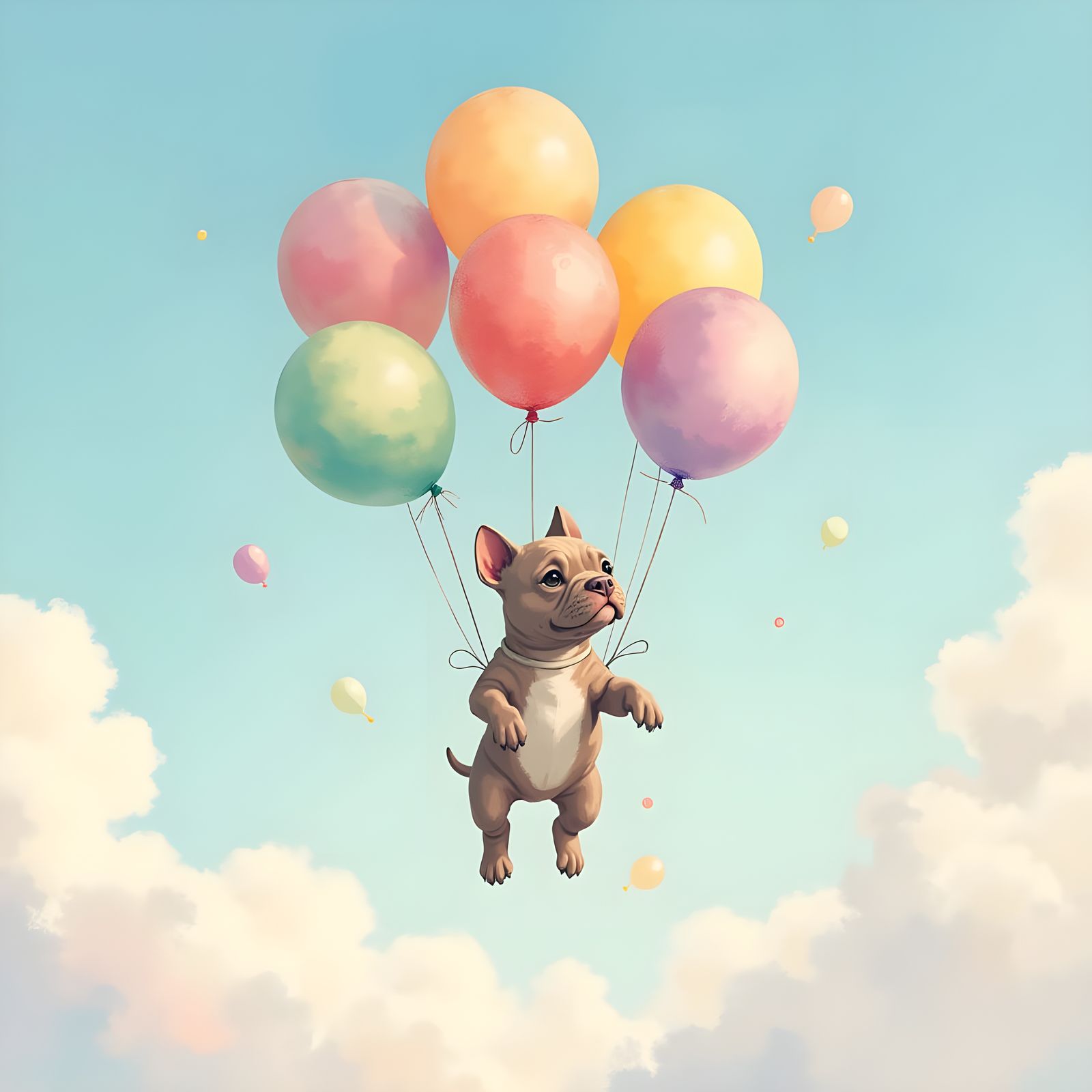 Whimsical Pitbull Puppy Soars Amidst Pastel Clouds