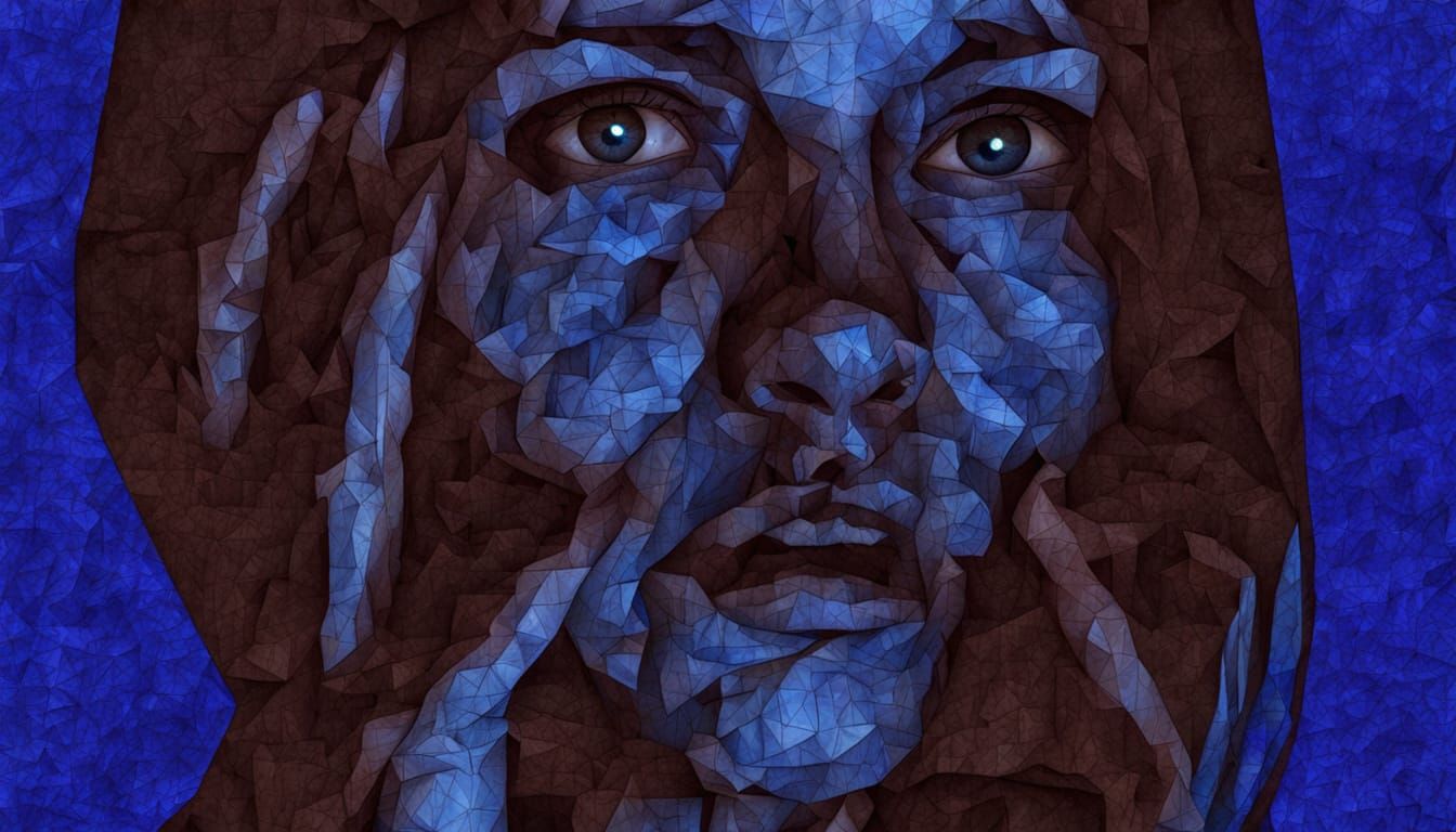 Pixel Art Face Emerging from Dark Muted Lake Waters