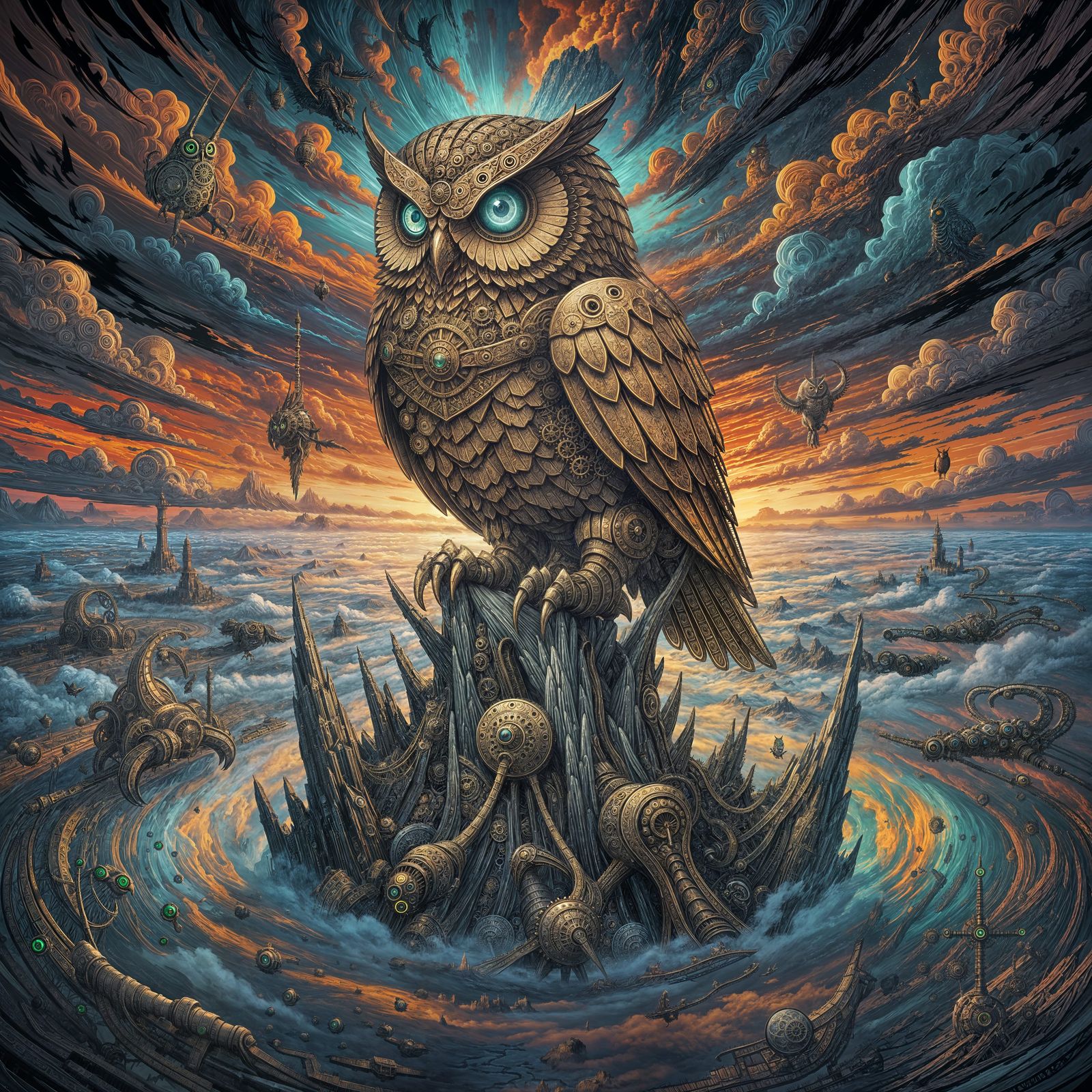 Clockwork Owl Over Iridescent Fog in Surreal Style