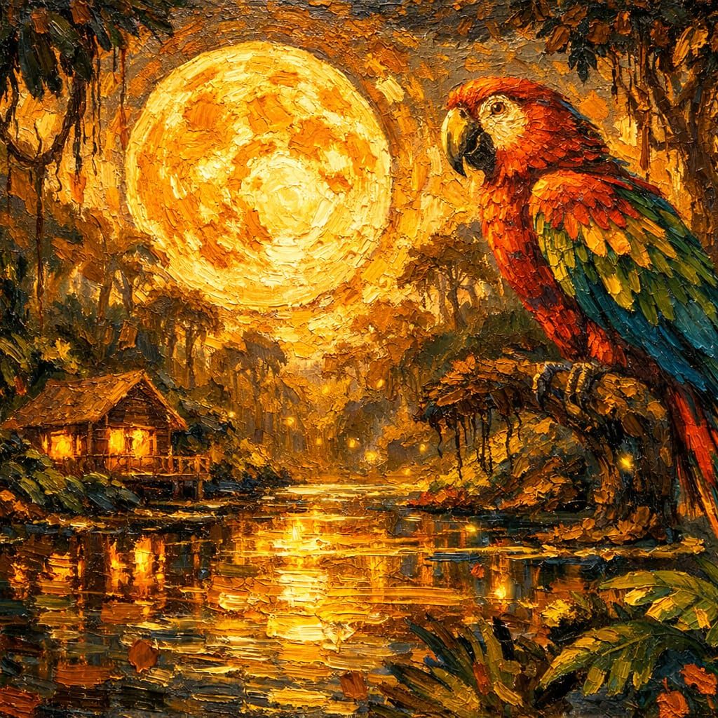 Mythic Jungle Twilight With Giant Parrot Under Golden Moon
