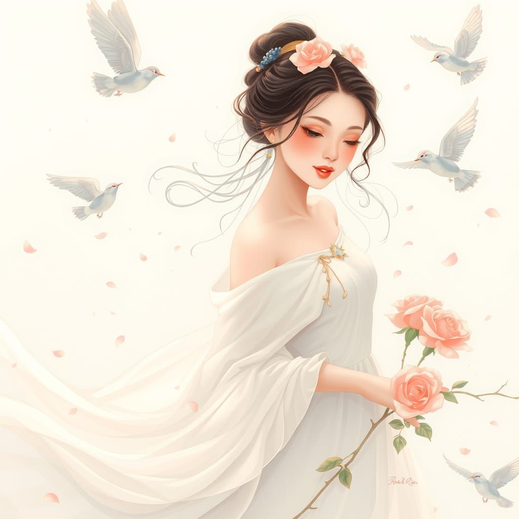 Chinese Woman with Birds and Roses, Digital Illustration