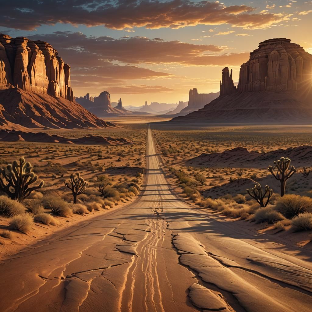Golden Hour Desert Oasis: Iconic Sandstone Buttes in Warm Li...