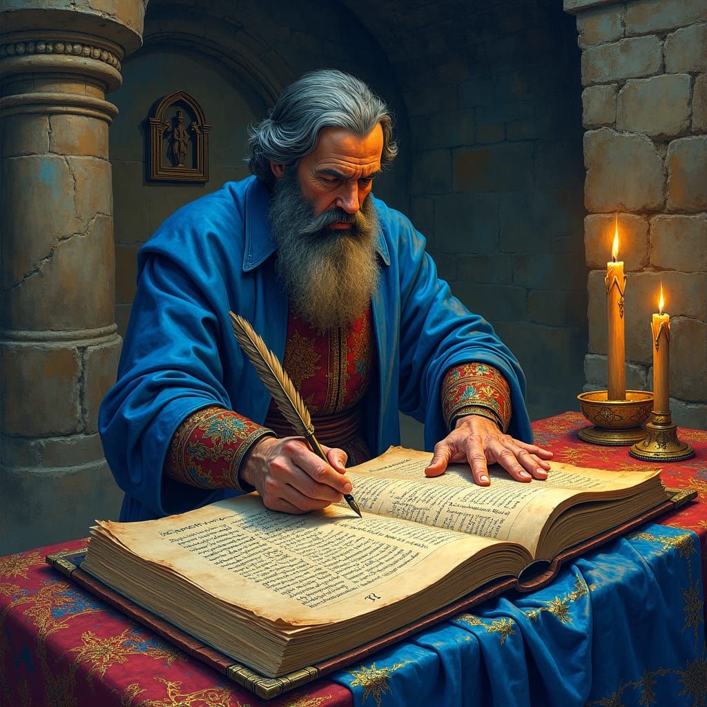 Ancient Scribe Illuminates Forgotten Manuscript in Ornate Go...