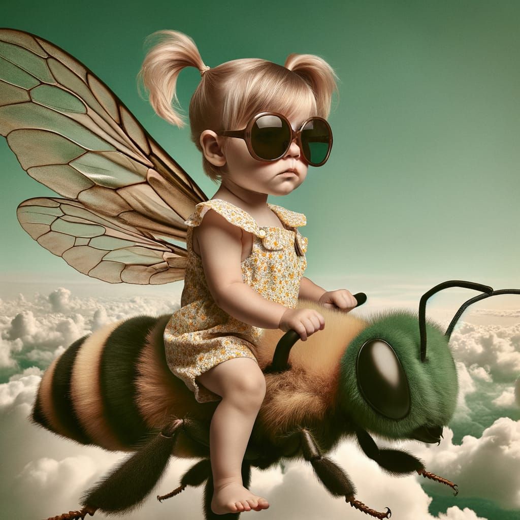 Surreal Toddler on Giant Bee Flying Above Clouds