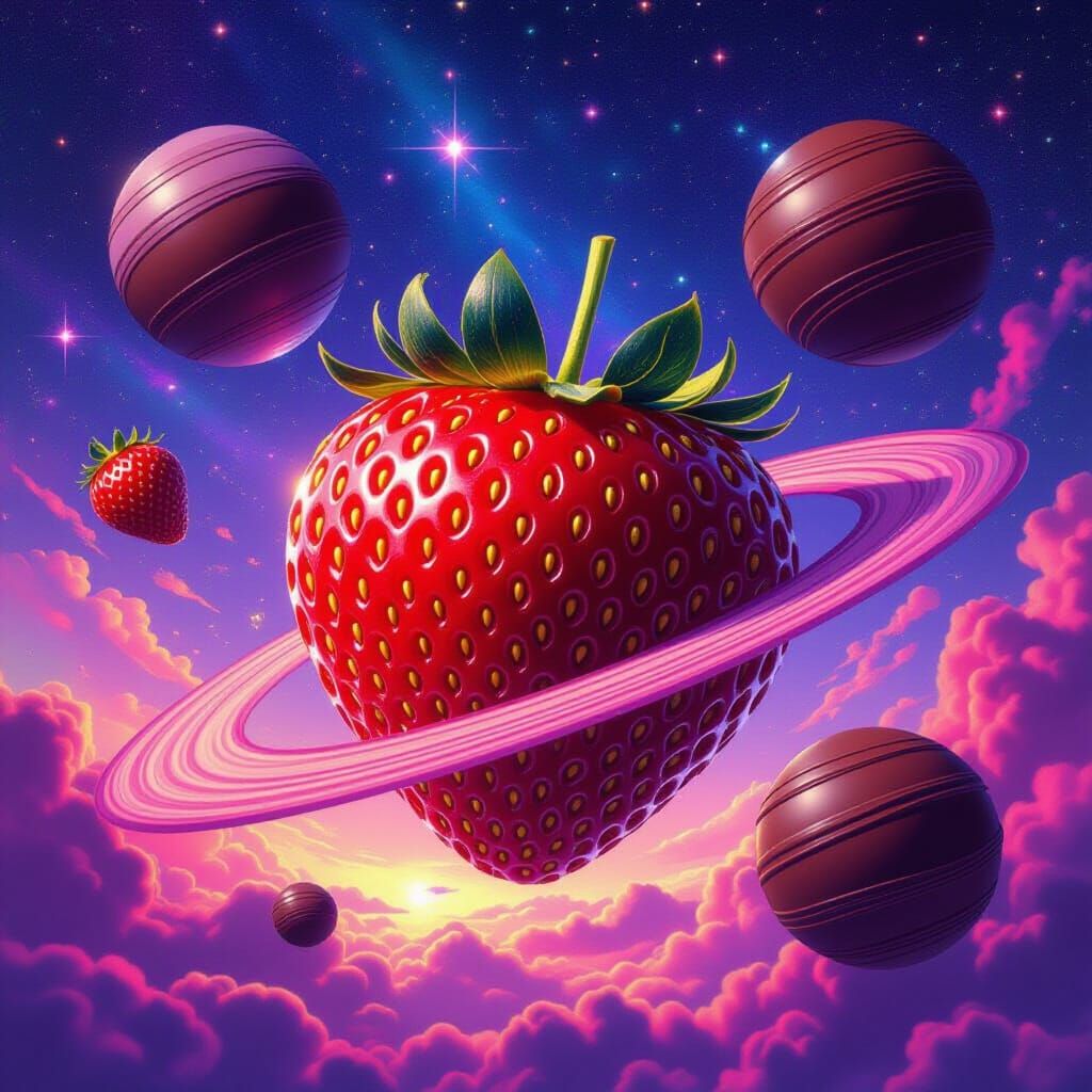 Strawberry Planet with Chocolate Moons in Psychedelic Sky