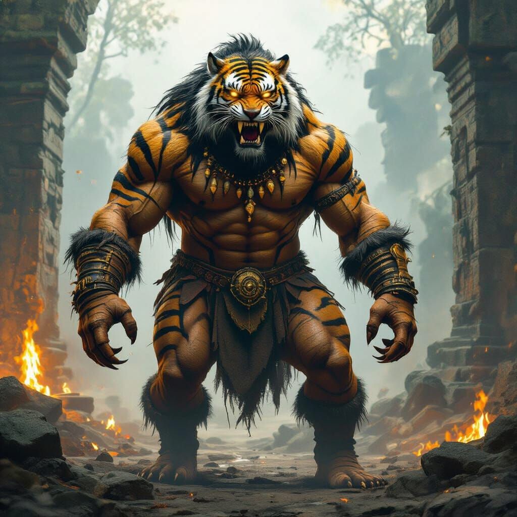 Tiger-Human Hybrid on Ruined Jungle Temple