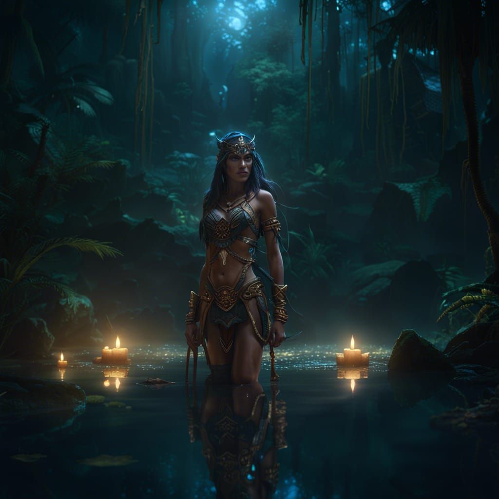 Glowing Amazonian Goddess in Mystical Waters Amidst Dark Fan...