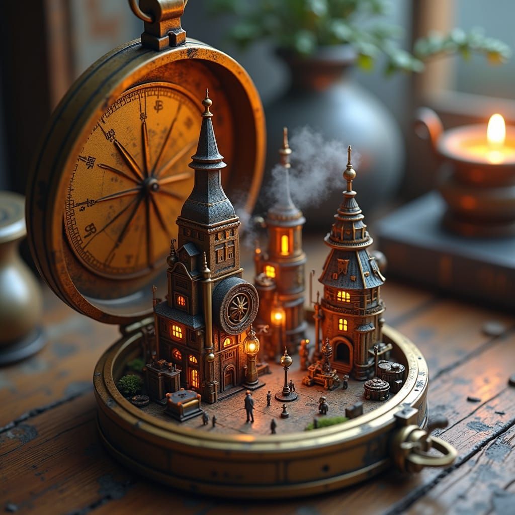 Steampunk City Diorama in Antique Compass