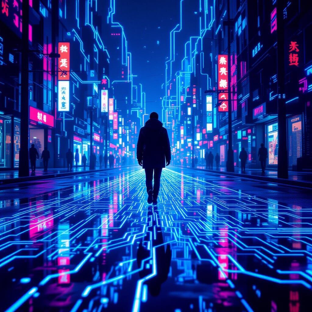 Figure Leaves Glowing Neural Network Footprints in Neon City
