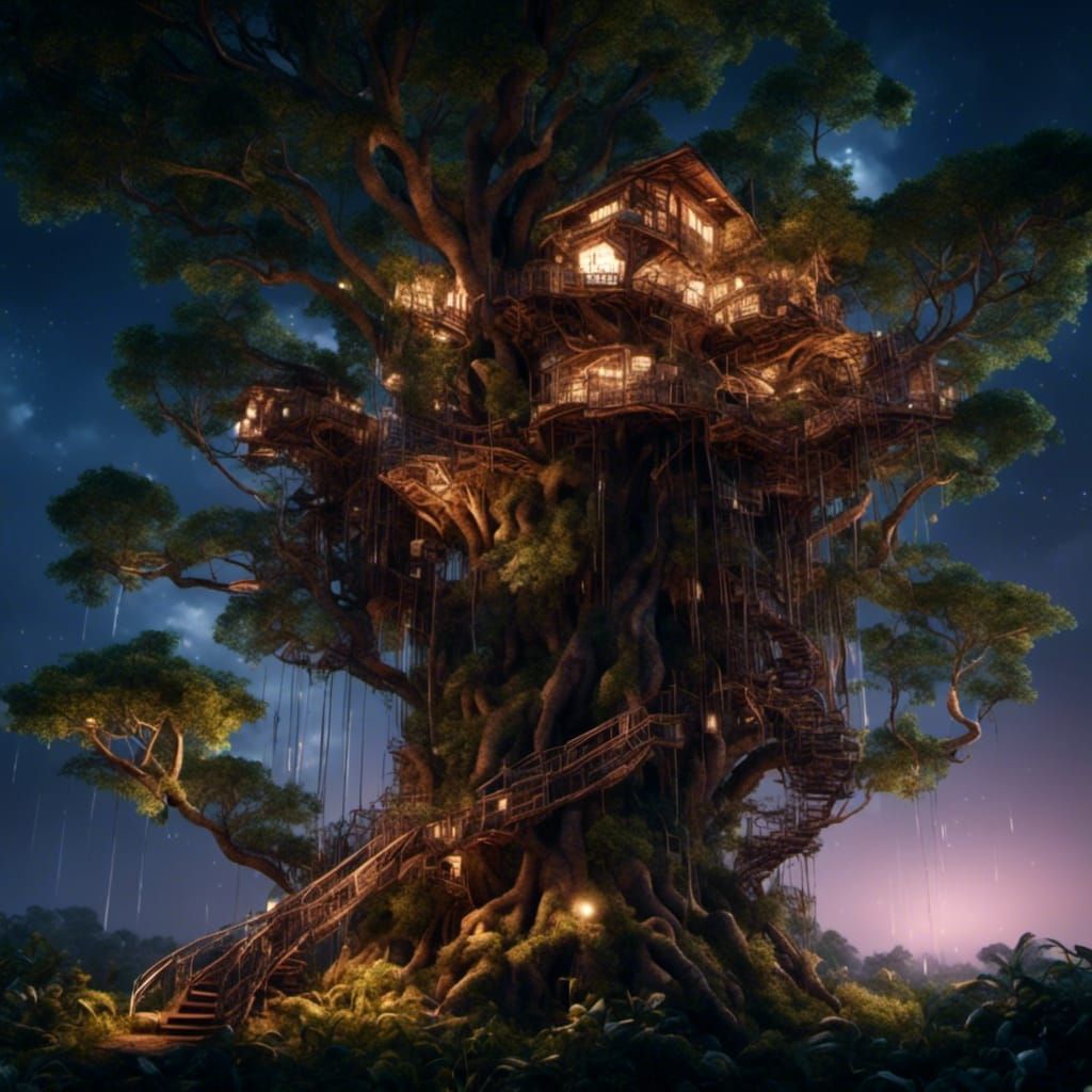 Whimsical Treehouse at Night in a Dreamlike Atmosphere