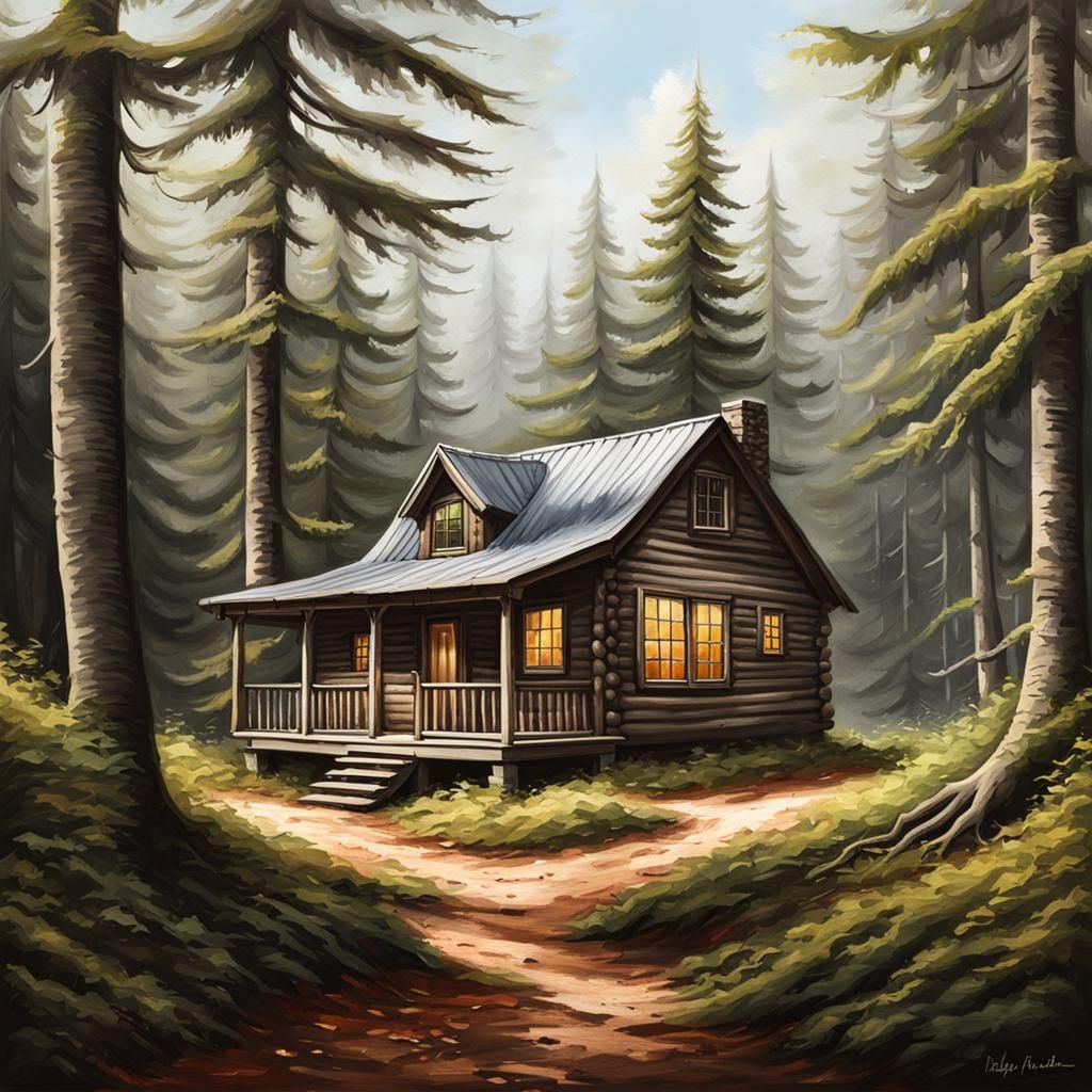 Realistic painting of a small cabin in the forest