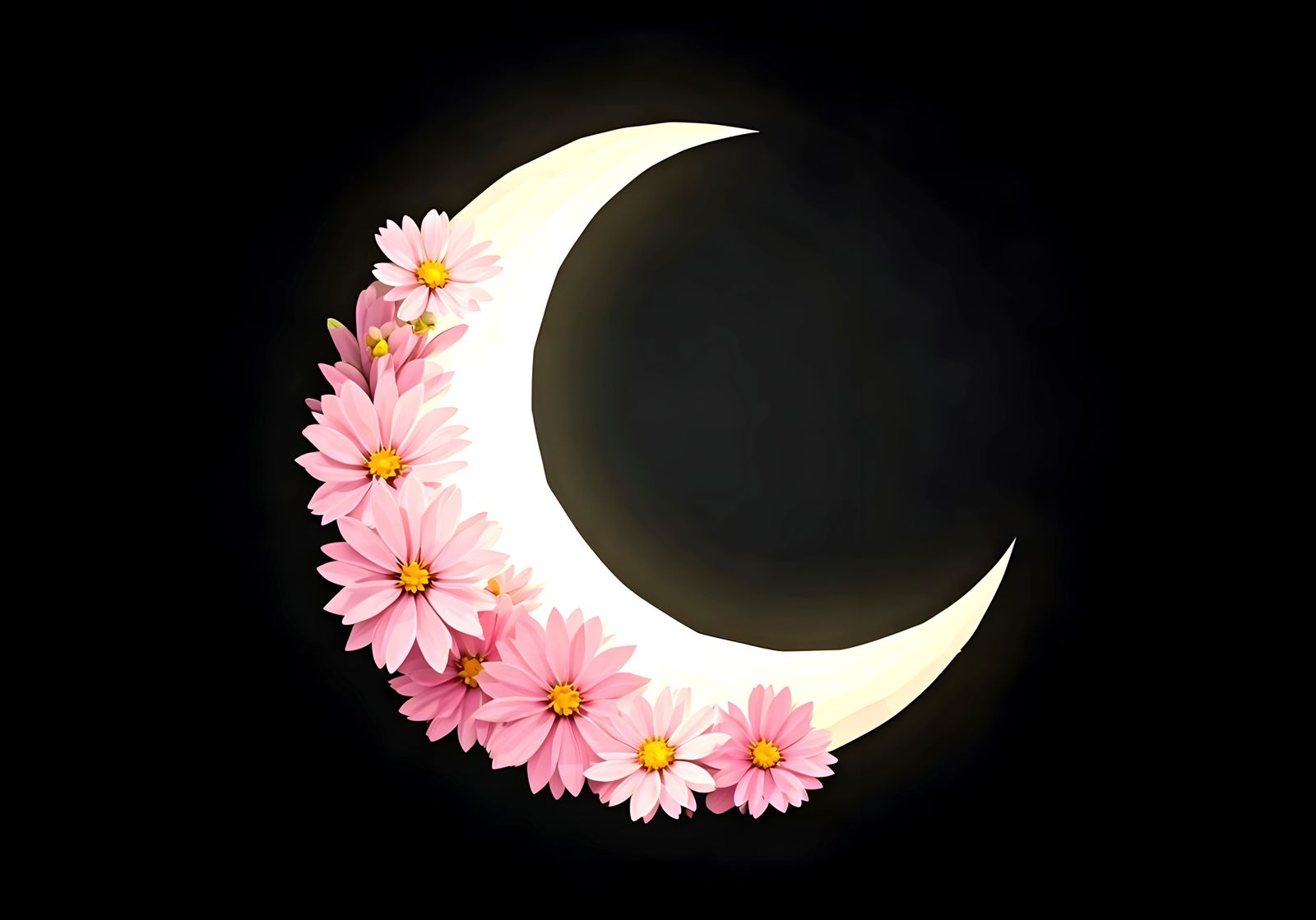 Blooming Crescent Moon in Low Poly Style