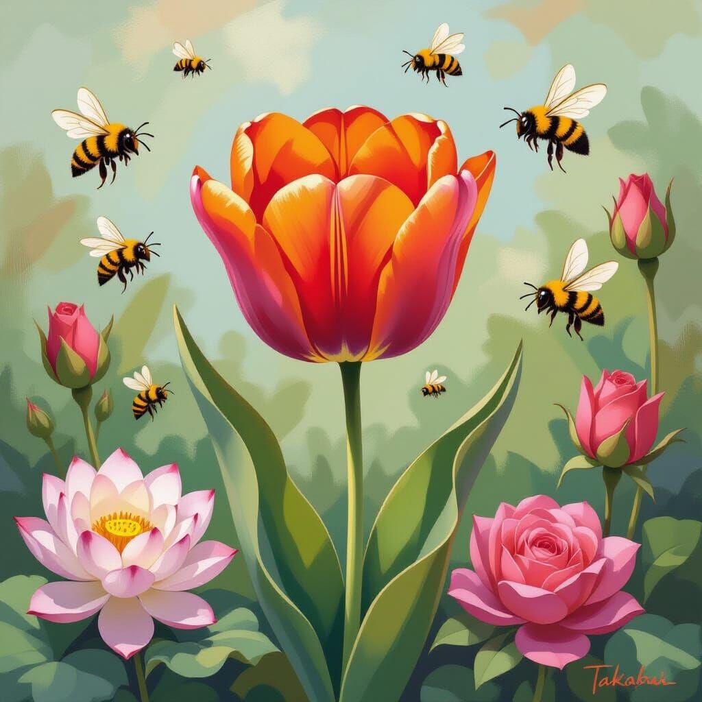 Orange Tulip with Bees in Impressionist Style