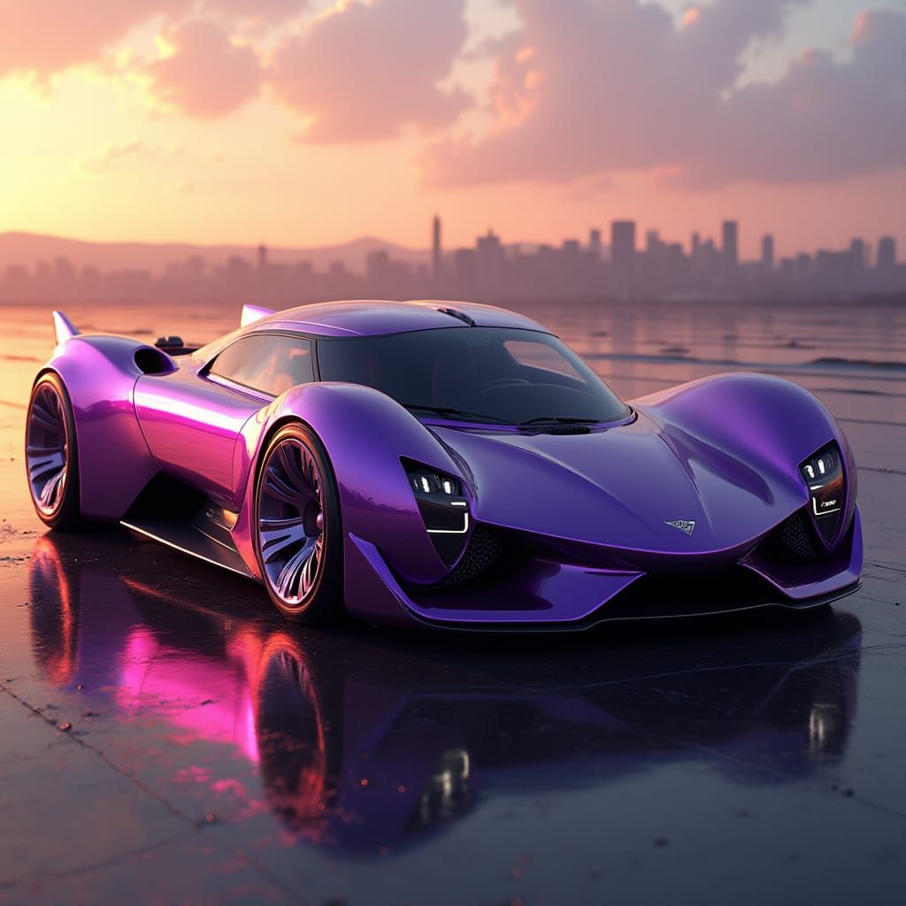Futuristic Metallic Purple Sports Car Under Golden Sunlight