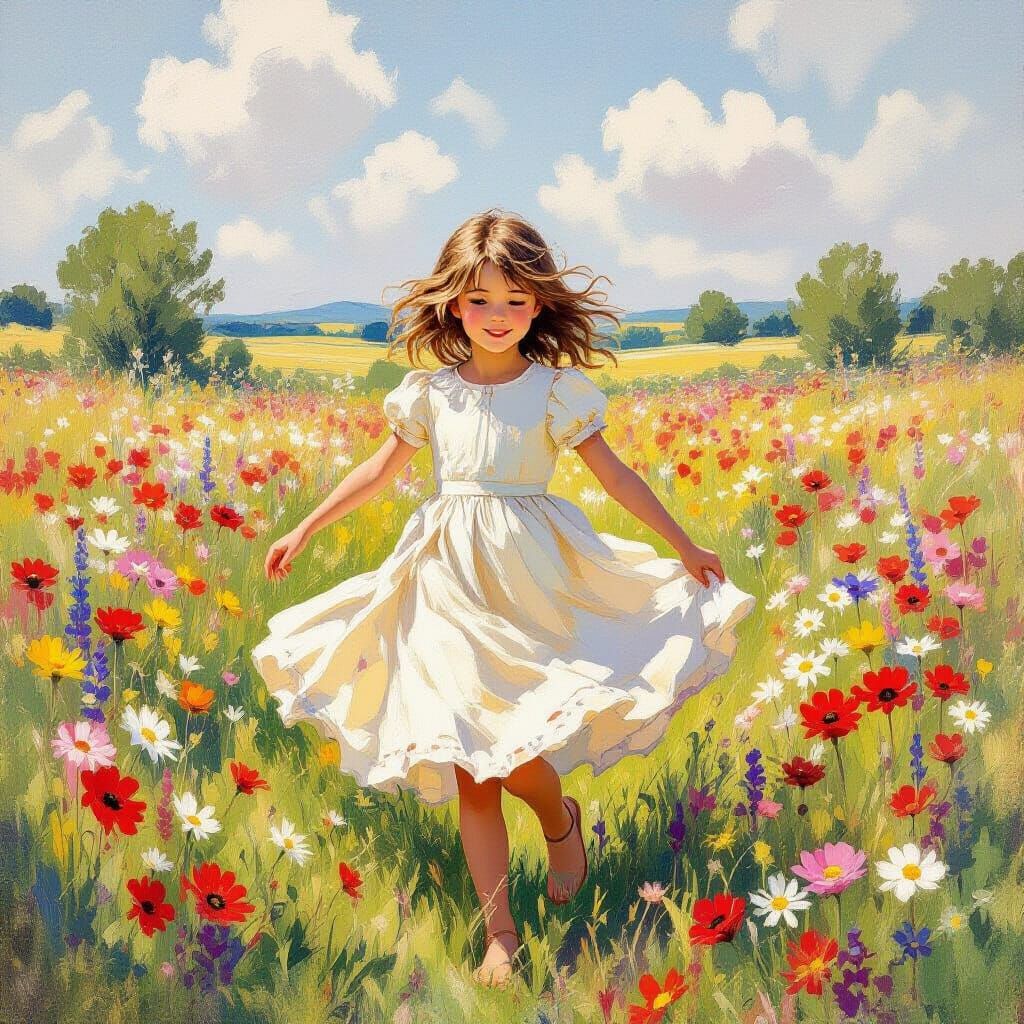 Girl Dancing in Wildflower Field: Impressionistic Style