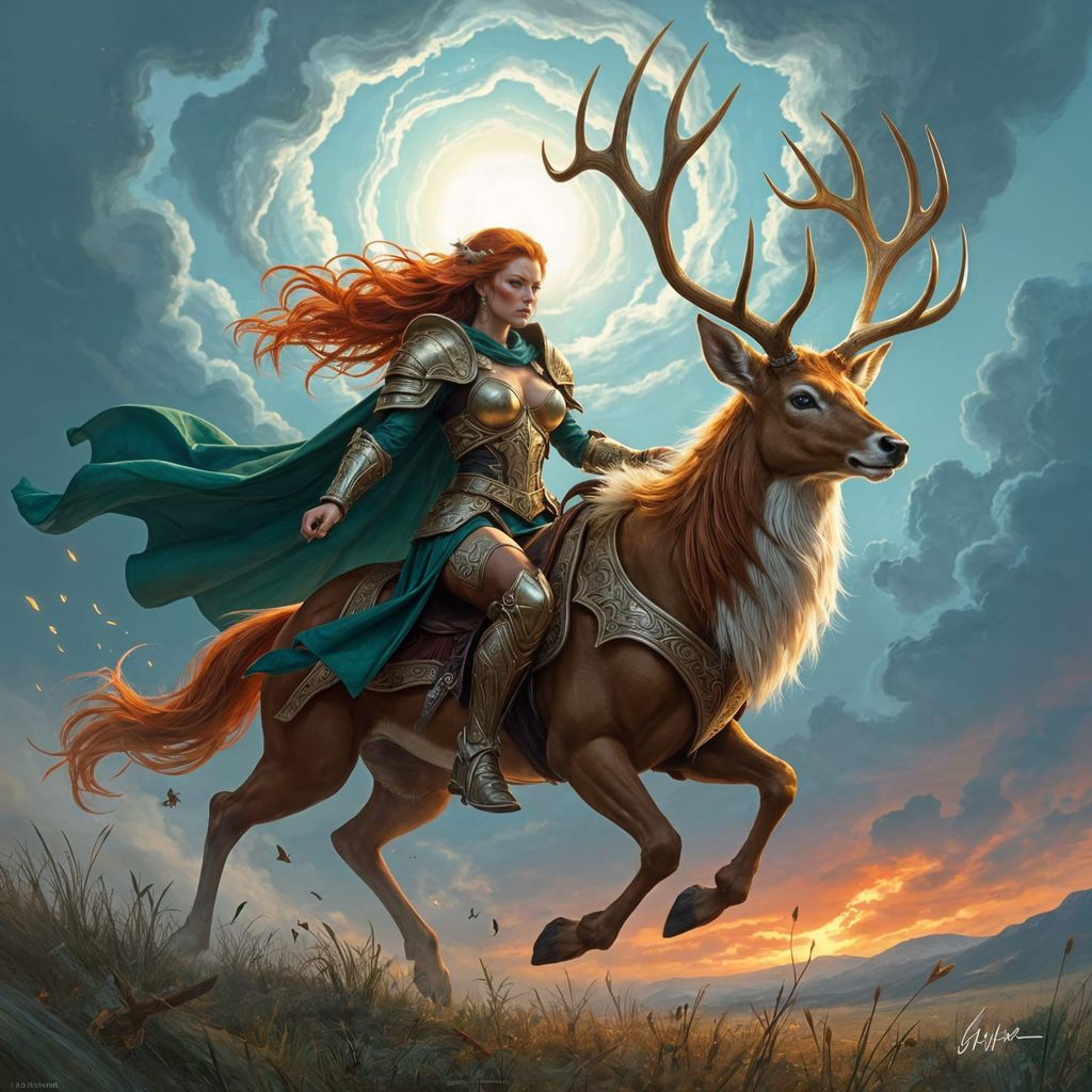 Valkyrie Warrior on Golden Deer, Dynamic Painting