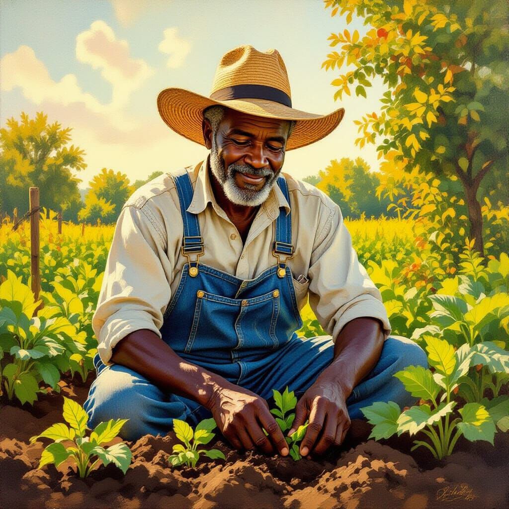 Elderly Farmer Tending Lush Garden in Golden Hour Light