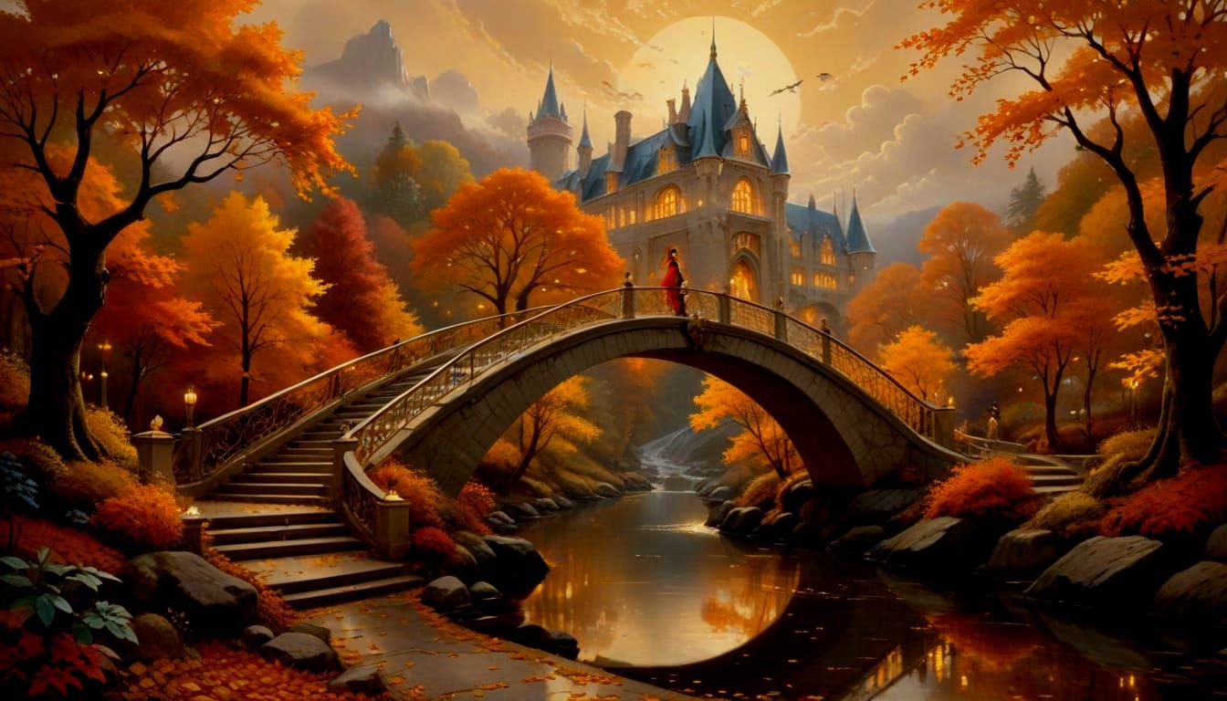 Magical Autumn Realm with Gemstone Leaves and Crystal Bridge