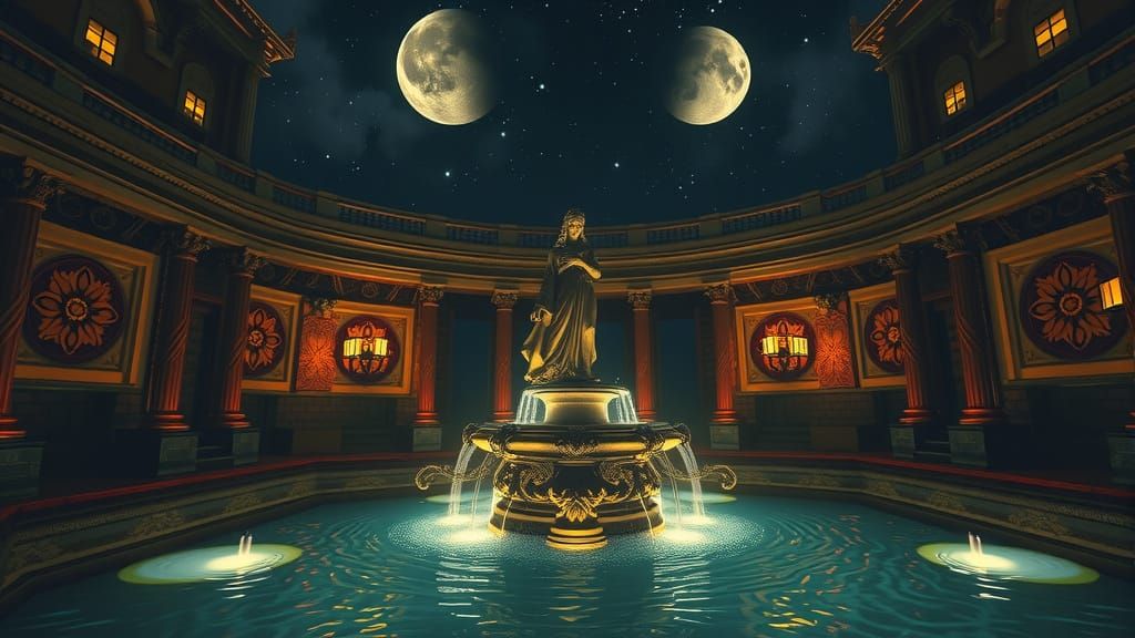 Goddess Statue in Moonlit Courtyard with Cosmic Reflections