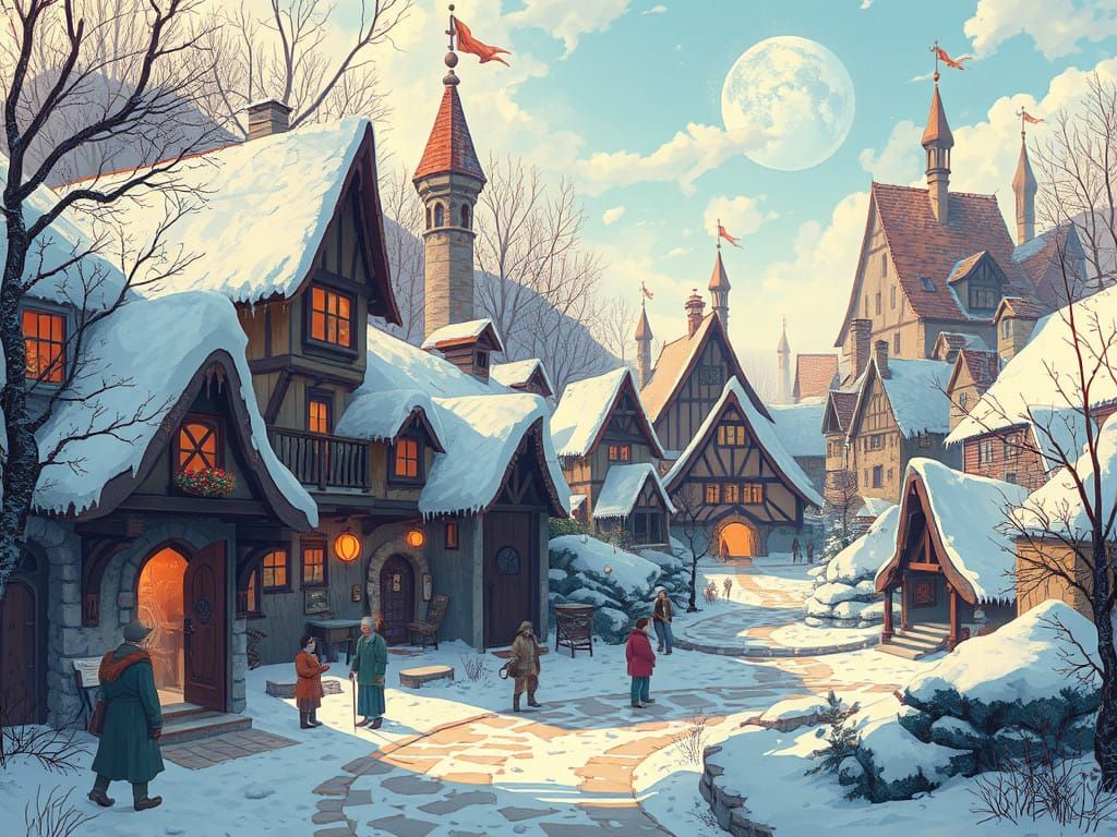 Winter Wonderland Village in Vibrant Dreamlike Style