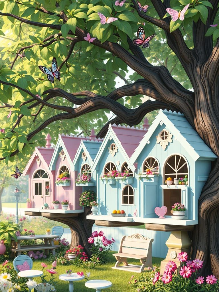 Charming Anime Birdhouse Cafes in Whimsical Garden