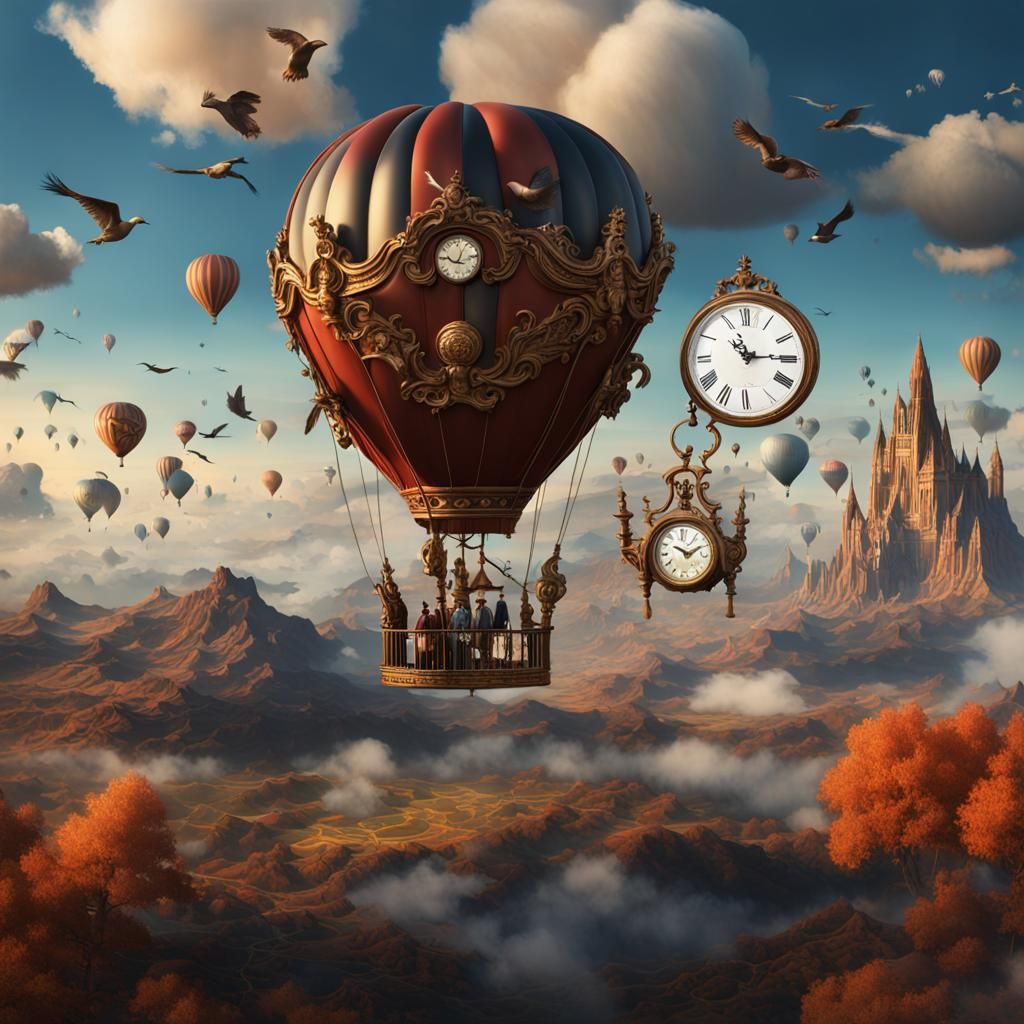 Surreal Hot Air Balloon Ascends Clock Tower Amidst Vibrant C...