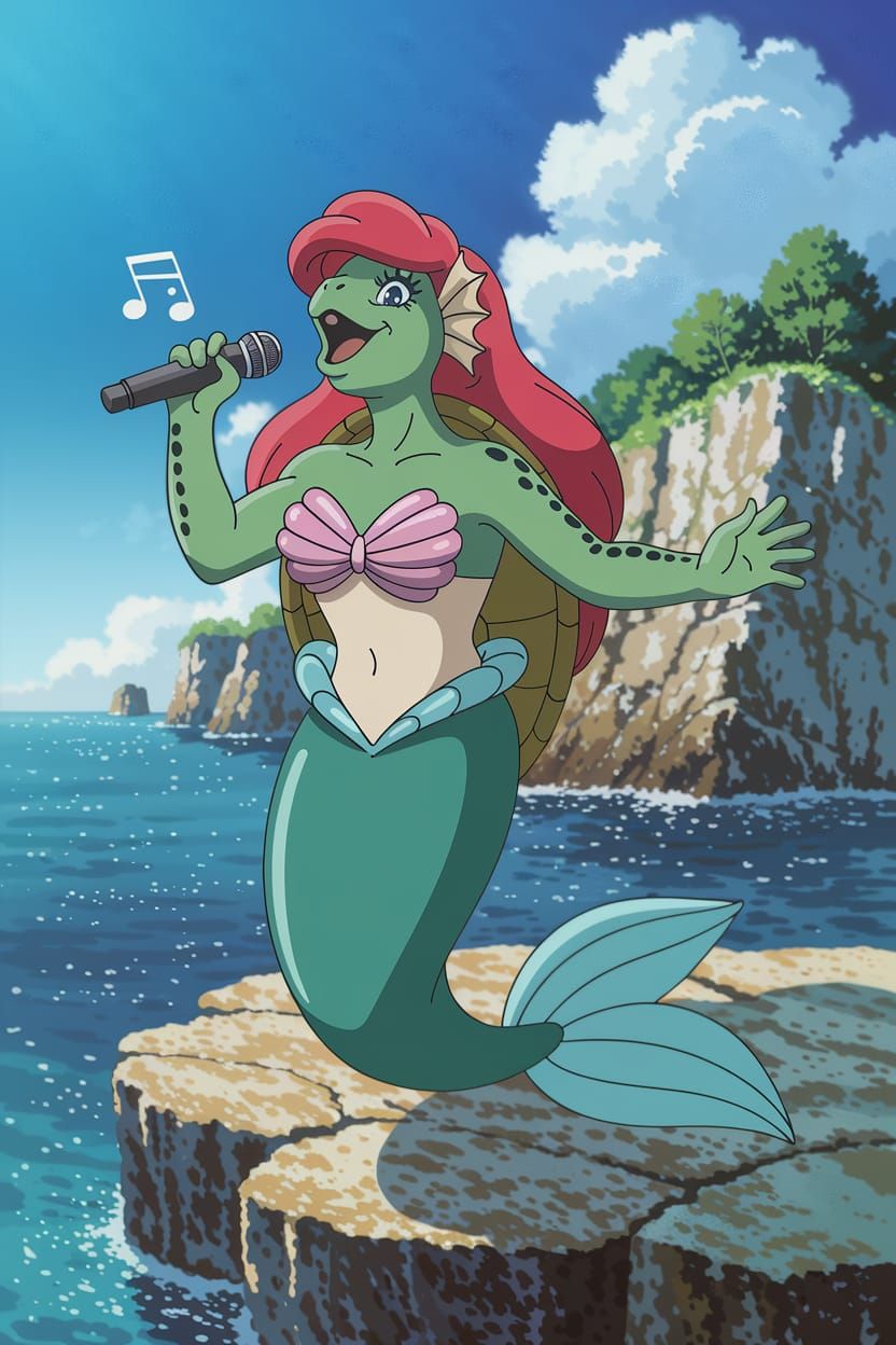 Sea Turtle Mermaid Sings on Rocky Bluffs