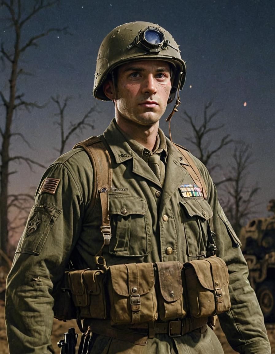 American Soldier in World War II Battlefield Portrait