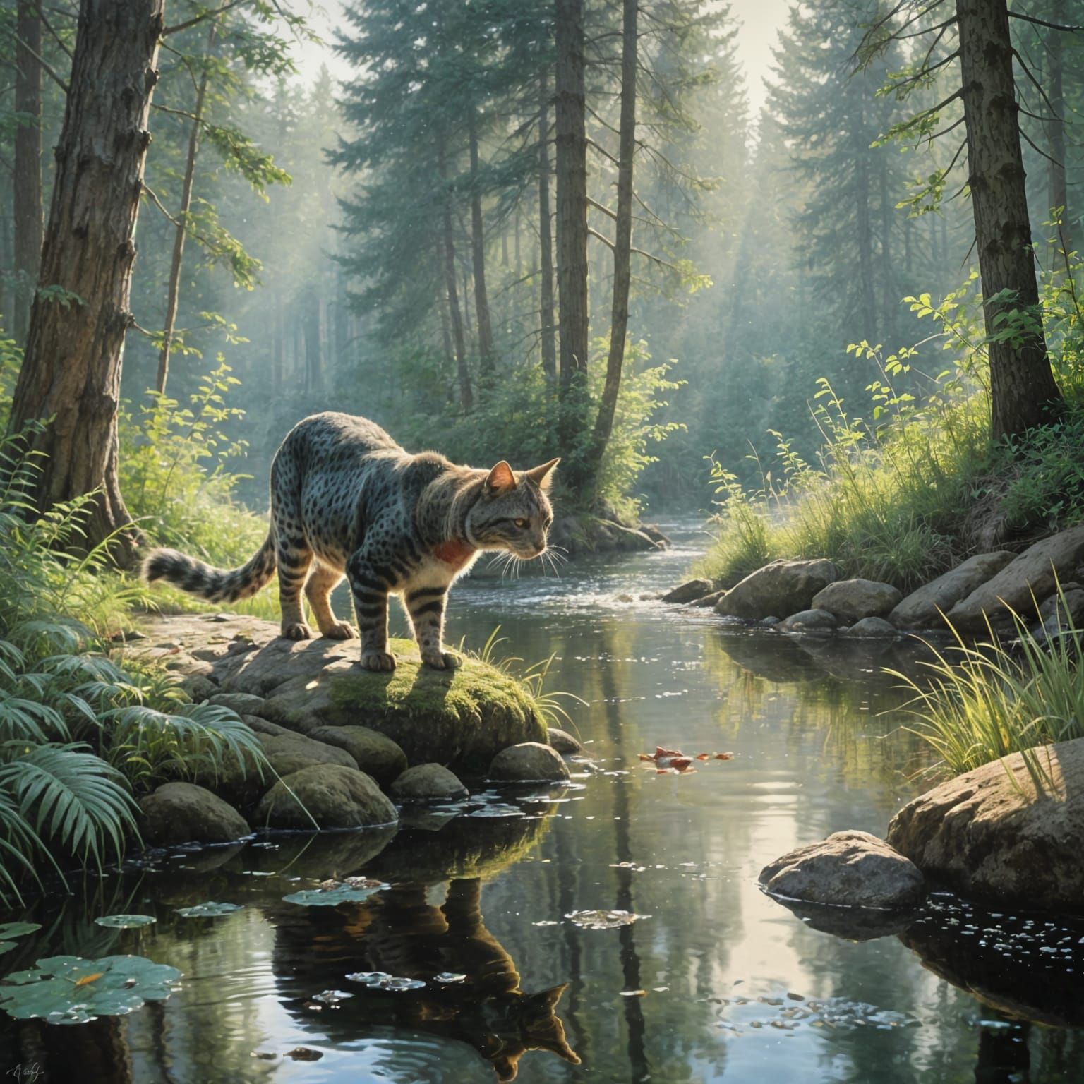 Whiskered Hunter in Midst of Forest Pond