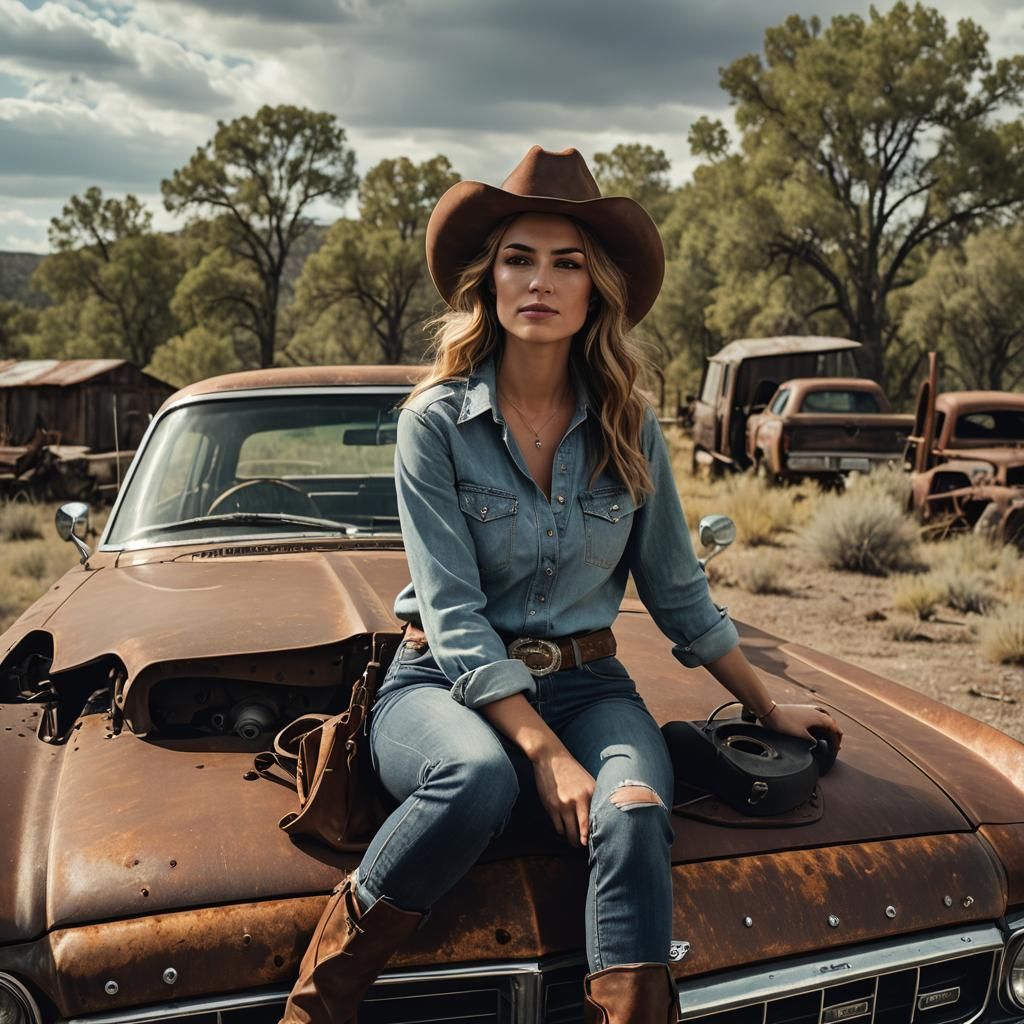 Cowgirl on Classic Mustang: Cinematic Film Still