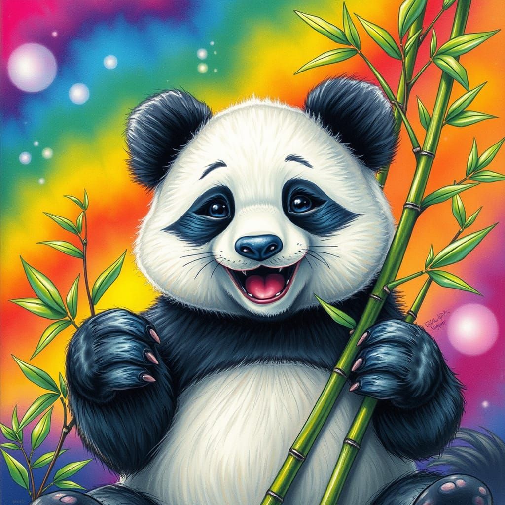 Psychedelic Panda in Whimsical Rainbow Fantasy Scene