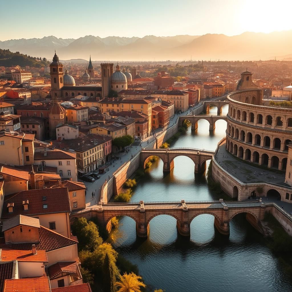 Elegant Italian Cityscape with Ancient Roman Arena and Snow-...