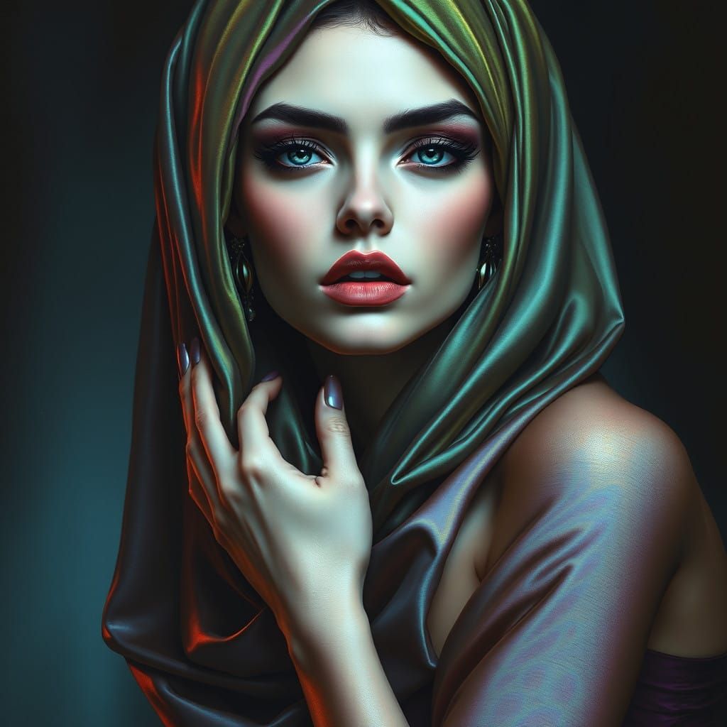 Hyperrealistic Portrait of a Woman in Vibrant, Iridescent At...