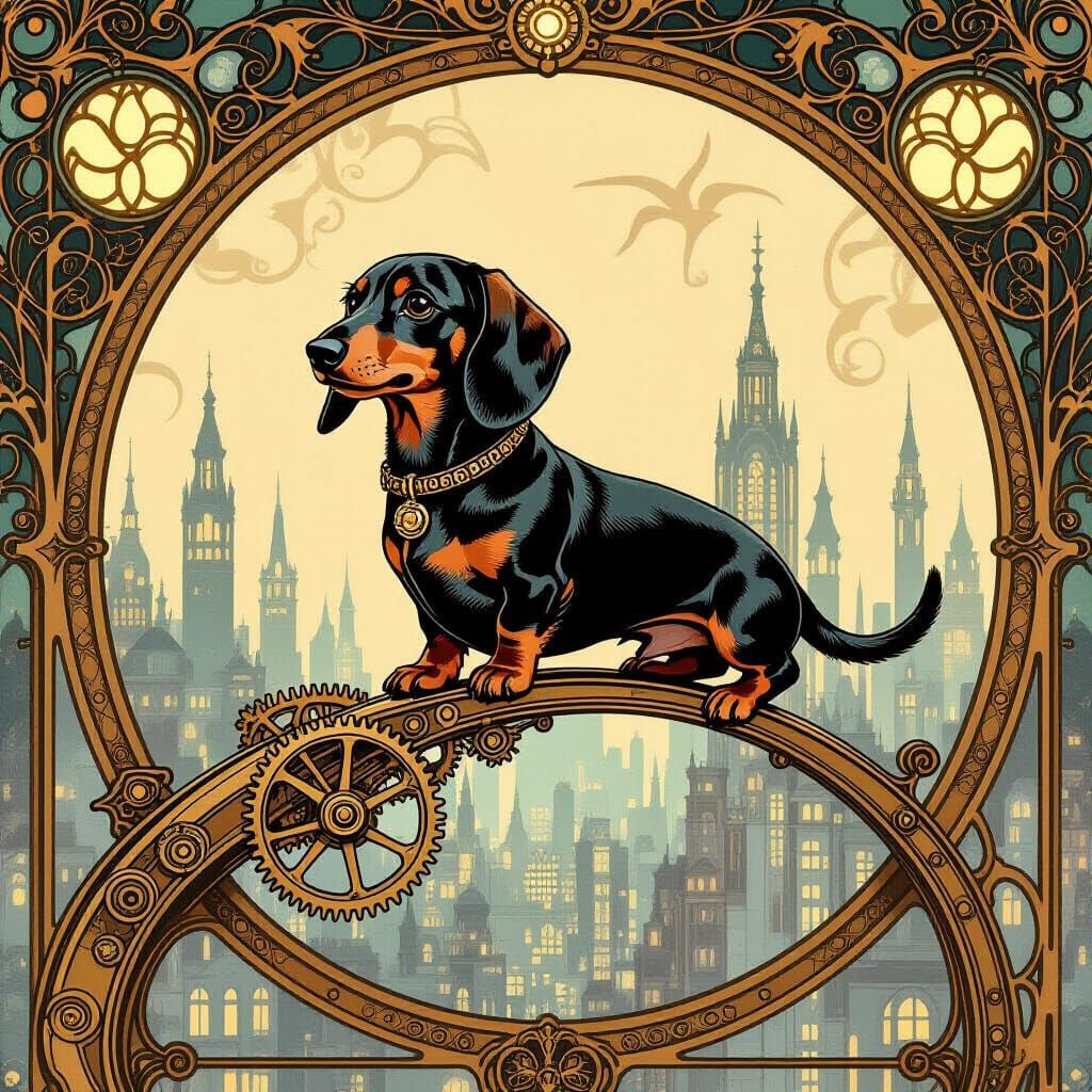 Whimsical Dachshund on Glowing Automaton Branch in Art Nouve...