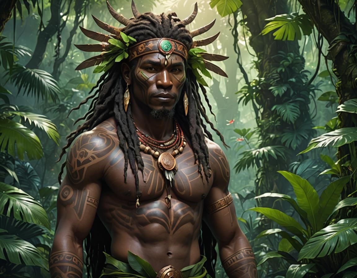 Yacouba, mystical shaman in lush jungle setting, intricate tribal tattoos, luminous spirit marks, ethereal lighting, cin...