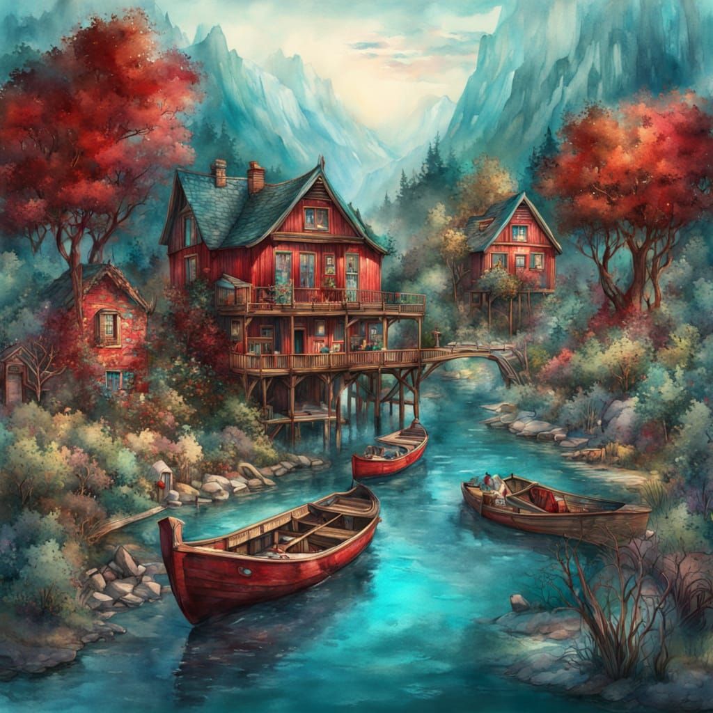 River Village: Watercolour Illustration in Red and Turquoise
