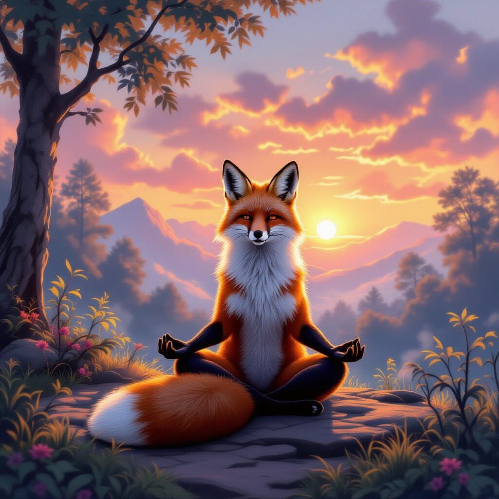 Fox Yoga at Sunset in Ethereal Style