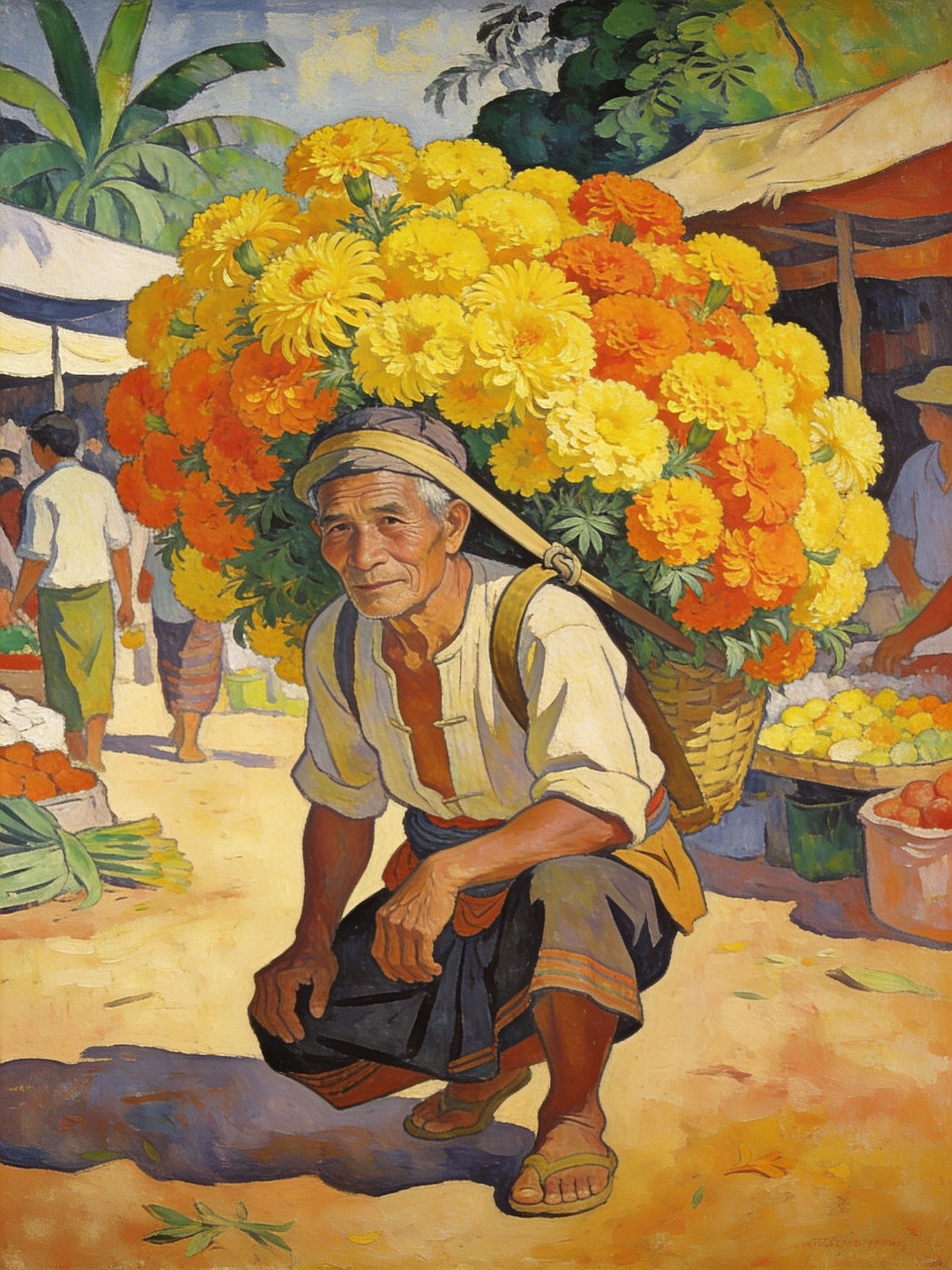 Cambodian Man Carrying Flowers Oil Painting