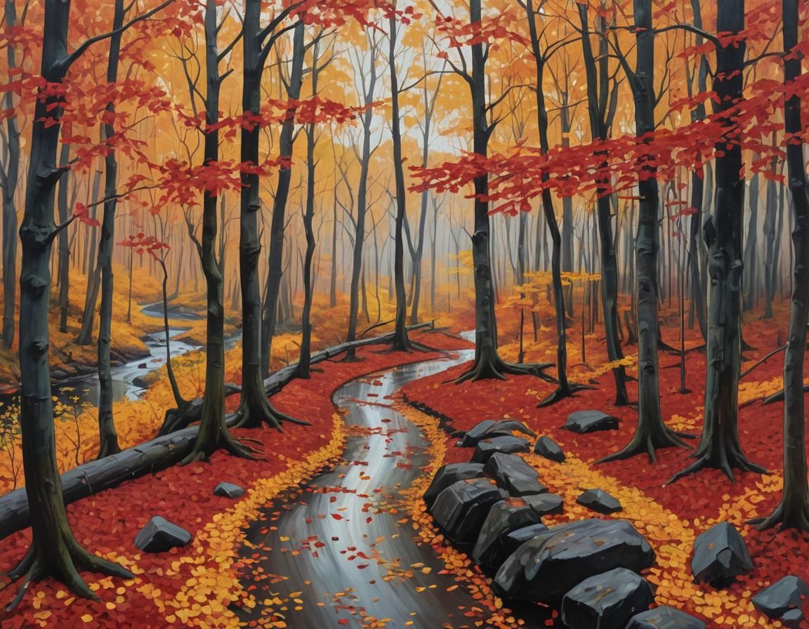 Autumn Path in Forest with Fawn Drinking from River