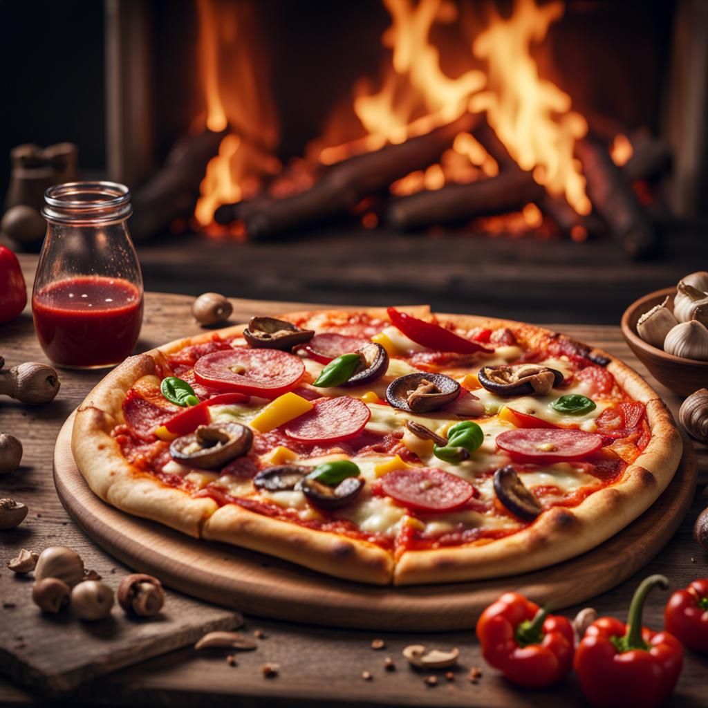 Epic Pizza Scene in a Cozy Fireplace Setting
